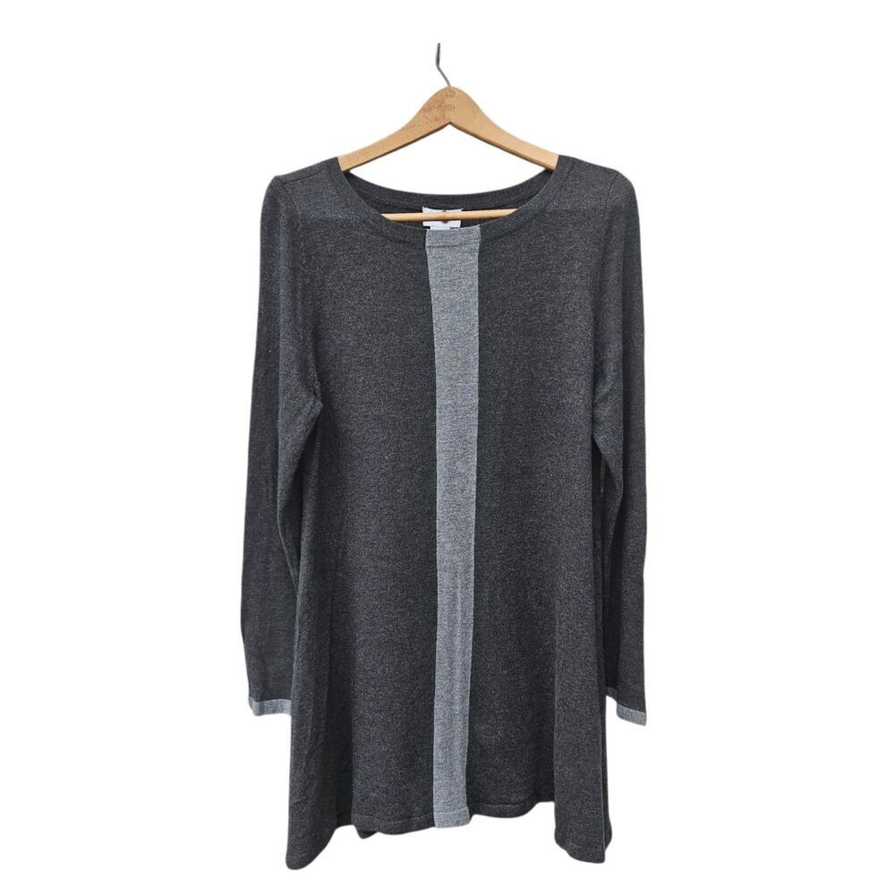 Soft Surroundings Gray Tunic Sweater Large Lagenlook Stripe Center Long Sleeve